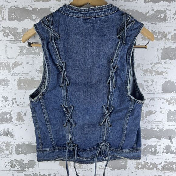 FREE PEOPLE Jean Vest Denim Lace Up Back Collarless Distressed 90s Y2K Women's S - Picture 2 of 8